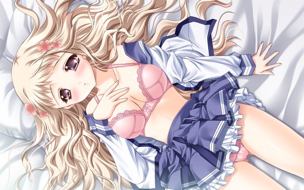 Anime picture 1024x640 with hatsukoi yohou (game) long hair blush light erotic blonde hair wide image game cg grey eyes pantyshot girl serafuku