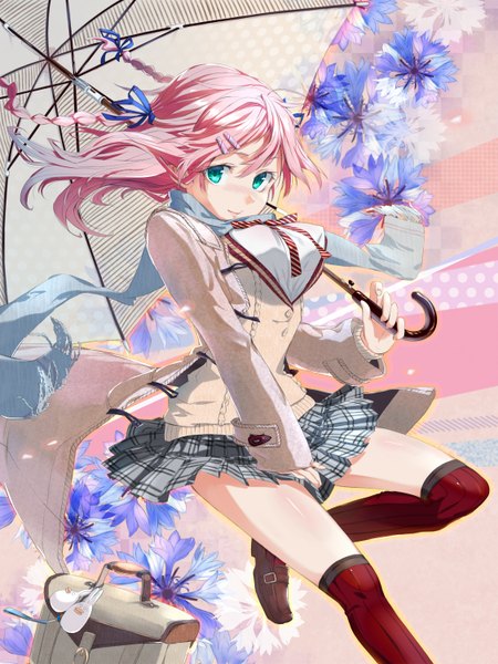 Anime picture 1125x1500 with original miso ni single long hair tall image looking at viewer blush pink hair braid (braids) pleated skirt aqua eyes wind twin braids plaid skirt jumping girl thighhighs uniform hair ornament flower (flowers)