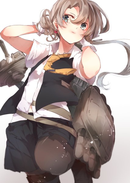 Anime picture 854x1200 with kantai collection miwano rag single long hair tall image blush blue eyes simple background brown hair white background bent knee (knees) pleated skirt short sleeves adjusting hair arm behind head jumping girl skirt gloves weapon