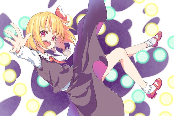 Anime picture 900x600 with touhou rumia akidzuki haruhi single looking at viewer blush fringe short hair open mouth blonde hair red eyes full body :d spread arms midair girl skirt bow hair bow socks