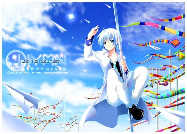 Anime picture 1310x935 with original myhilary single short hair smile sky cloud (clouds) white hair aqua eyes sunlight inscription framed boy glasses necktie boots pants cloak sun paper airplane