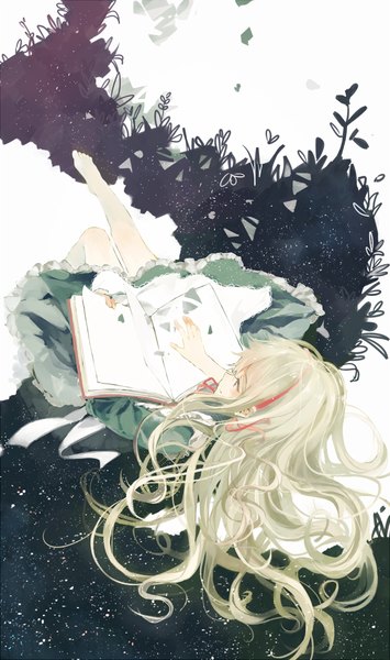 Anime picture 670x1133 with kagerou project shaft (studio) mary (kagerou project) bou shaku single long hair tall image blush blonde hair smile brown eyes looking away barefoot bare legs no shoes reclining girl dress hair ornament book (books)