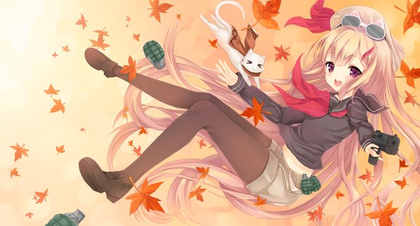 Anime picture 1400x754 with original fipo open mouth blonde hair red eyes wide image animal ears very long hair cat ears girl weapon animal serafuku gun leaf (leaves) cat sunglasses grenade