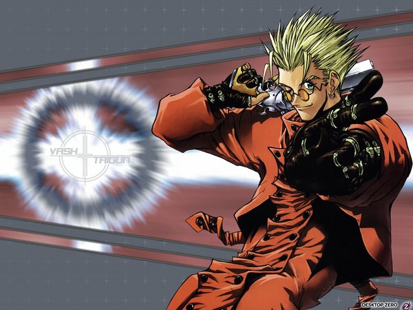 Anime picture 1024x768 with trigun vash the stampede single looking at viewer short hair blue eyes blonde hair one eye closed wink wallpaper copyright name character names dark skin weapon over shoulder crossed fingers boy gloves weapon black gloves gun