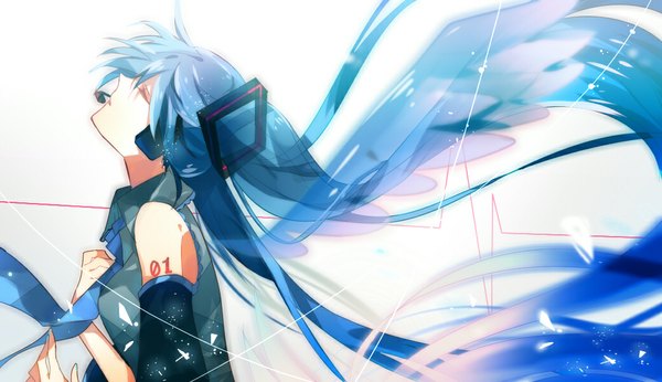 Anime picture 1039x600 with vocaloid hatsune miku omutatsu single long hair open mouth wide image twintails eyes closed aqua hair girl detached sleeves wings necktie headphones microphone