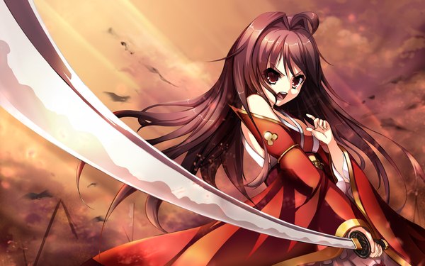 Anime picture 1680x1050 with original riburanomind single long hair looking at viewer open mouth brown hair brown eyes girl weapon detached sleeves sword katana