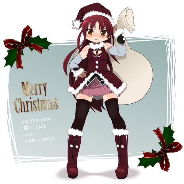 Anime picture 1300x1300 with mahou shoujo madoka magica shaft (studio) sakura kyouko kuro chairo no neko single long hair looking at viewer blush red eyes bare shoulders red hair fur trim christmas merry christmas girl thighhighs skirt gloves bow black thighhighs