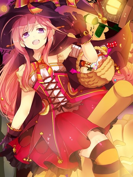 Anime picture 768x1024 with original matryoshka (borscht) single long hair tall image open mouth purple eyes payot looking away pink hair ahoge from below halloween thighhighs dress gloves hat black gloves food sweets