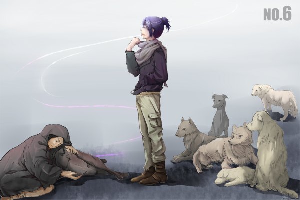 Anime picture 1200x800 with no.6 studio bones nezumi (no.6) inukashi (no.6) danchou kuresyuh purple hair profile hand in pocket boy animal boots scarf hood pants dog