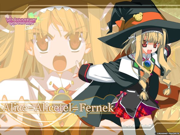 Anime picture 1600x1200 with wiz anniversary alice alicetel fernek long hair open mouth blonde hair red eyes zoom layer girl thighhighs uniform school uniform white thighhighs cape witch hat brooch