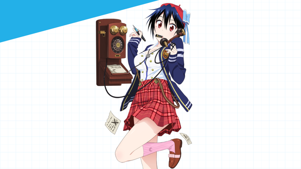 Anime picture 1920x1080 with nisekoi shaft (studio) tsugumi seishirou ssjraging single highres short hair red eyes wide image holding blue hair nail polish mole mole under eye mouth hold girl skirt bow hat socks