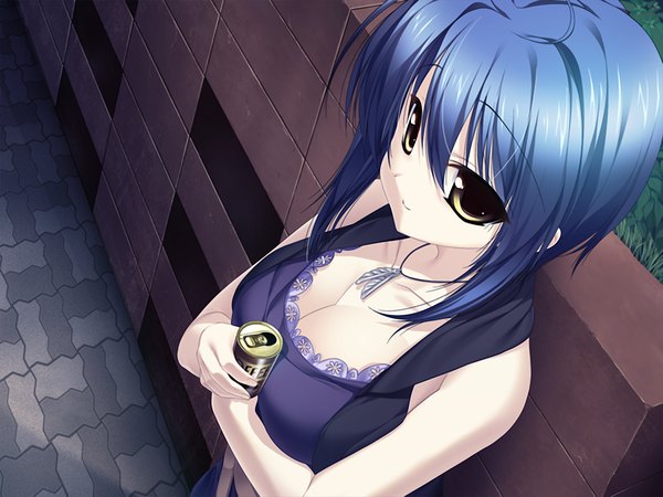 Anime picture 1200x900 with shu ni majiwareba akaku naru breasts light erotic yellow eyes blue hair game cg girl