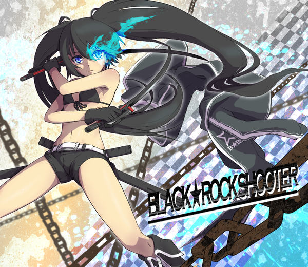Anime picture 1152x1000 with black rock shooter black rock shooter (character) takurowo single long hair looking at viewer fringe blue eyes light erotic black hair twintails holding inscription glowing scar glowing eye (eyes) dual wielding girl gloves navel