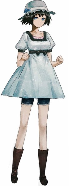 Anime picture 1181x3168 with steins;gate white fox shiina mayuri single tall image looking at viewer short hair blue eyes black hair simple background white background light smile girl dress hat