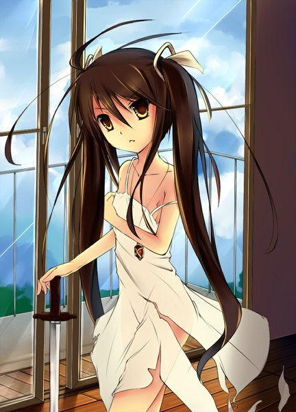 Anime picture 721x1000 with shakugan no shana j.c. staff shana baisi shaonian single long hair tall image looking at viewer brown hair twintails brown eyes ahoge torn clothes strap slip girl dress ribbon (ribbons) weapon hair ribbon sword