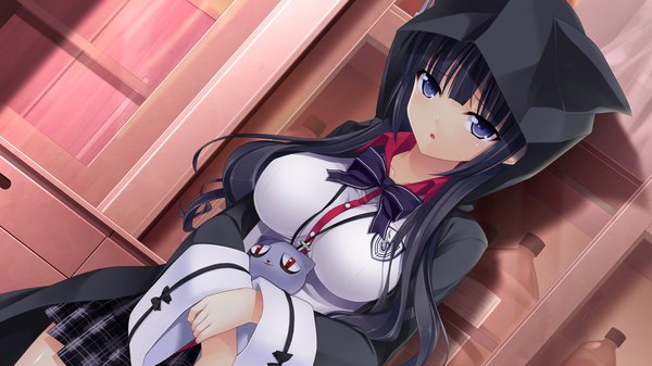 Anime picture 1280x720 with chuning lover kurosu kanade koso single long hair breasts blue eyes black hair wide image game cg girl uniform school uniform bowtie hood cape