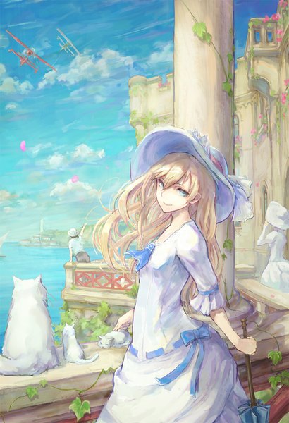 Anime picture 603x881 with original toritoritottori long hair tall image looking at viewer blue eyes blonde hair smile standing multiple girls closed umbrella girl dress boy bow 2 girls animal white dress building (buildings) umbrella