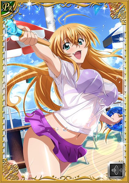 Anime picture 567x800 with ikkitousen sonsaku hakufu single long hair tall image looking at viewer fringe breasts open mouth light erotic blonde hair hair between eyes large breasts holding sky cloud (clouds) ahoge :d aqua eyes fang (fangs)