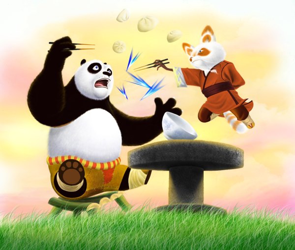 Anime picture 1433x1216 with kung fu panda po master shifu karuma9 (artist) open mouth blue eyes sky cloud (clouds) japanese clothes plant (plants) animal food shorts kimono grass chopsticks panda