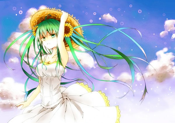 Anime picture 1154x809 with vocaloid hatsune miku kurana single long hair looking at viewer bare shoulders green eyes sky cloud (clouds) hair flower green hair adjusting hat girl dress hair ornament flower (flowers) hat white dress bubble (bubbles)