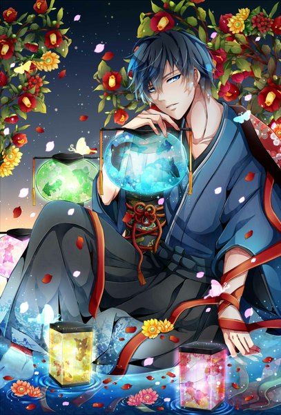 Anime picture 756x1115 with free! kyoto animation nanase haruka (free!) kaya (hydego) single tall image short hair blue eyes sitting blue hair traditional clothes japanese clothes barefoot boy flower (flowers) ribbon (ribbons) animal petals water insect
