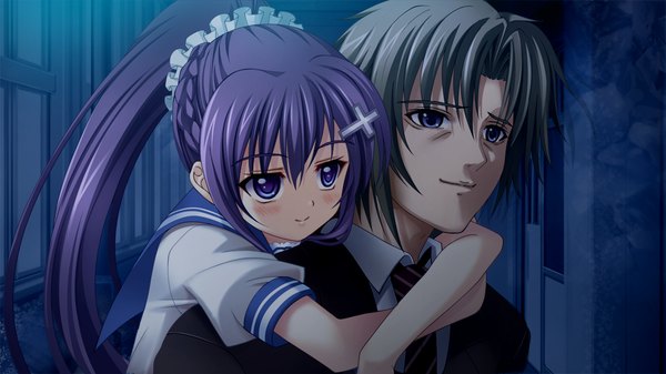 Anime picture 1024x576 with owaru sekai to birthday blue eyes black hair wide image game cg purple hair ponytail couple hug girl boy serafuku