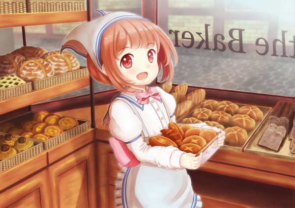 Anime picture 1228x868 with original alba (little witches) single looking at viewer blush fringe short hair open mouth smile red eyes brown hair holding from above carrying girl bow food window sweets apron