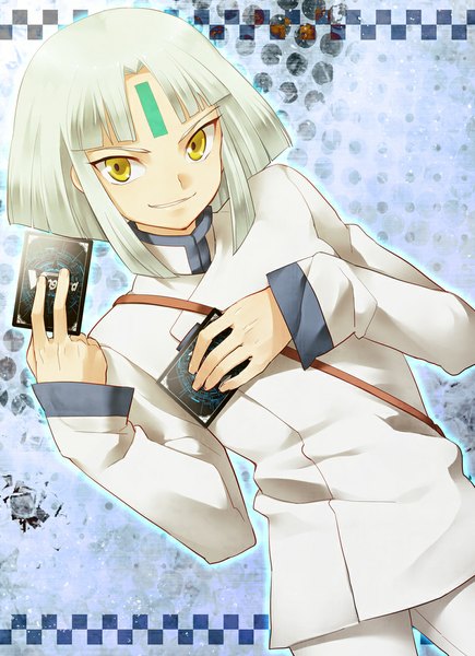 Anime picture 800x1102 with cardfight!! vanguard tatsunagi takuto yamaki suzume single tall image short hair smile yellow eyes looking away white hair facial mark boy card (cards)