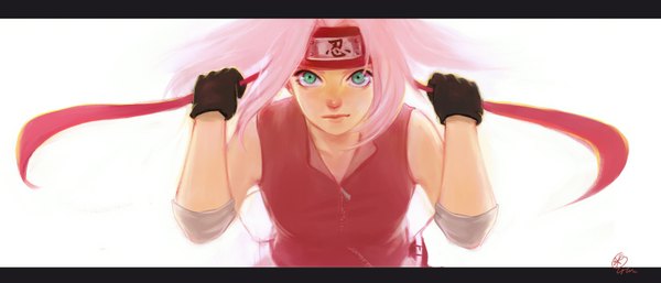 Anime picture 1500x643 with naruto studio pierrot naruto (series) haruno sakura citrusgun single looking at viewer short hair simple background wide image white background green eyes signed pink hair girl gloves black gloves