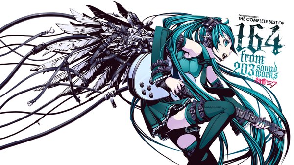 Anime picture 1920x1080 with vocaloid hatsune miku torigoe takumi single highres open mouth simple background wide image white background twintails very long hair aqua eyes aqua hair mechanical wings girl dress detached sleeves wings necktie headphones