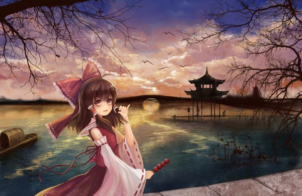 Anime picture 1772x1149 with touhou hakurei reimu tamaxi123 single long hair highres black hair red eyes sky cloud (clouds) evening sunset miko girl bow plant (plants) hair bow detached sleeves tree (trees)