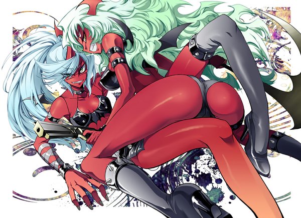 Anime picture 1000x726 with panty & stocking with garterbelt kneesocks (character) scanty bun-o (artist) long hair looking at viewer breasts light erotic large breasts multiple girls yellow eyes ass white hair ponytail green hair grin demon girl siblings head wings demon wings