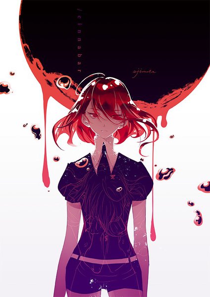 Anime picture 600x848 with houseki no kuni cinnabar (houseki no kuni) ajimita single tall image looking at viewer fringe short hair red eyes white background signed ahoge red hair hair over one eye puffy sleeves character names floating hair androgynous necktie mercury