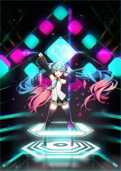 Anime picture 1200x1697 with vocaloid hatsune miku hakusai (tiahszld) single tall image looking at viewer open mouth twintails pink hair very long hair multicolored hair aqua eyes aqua hair zettai ryouiki gradient hair girl skirt detached sleeves miniskirt necktie