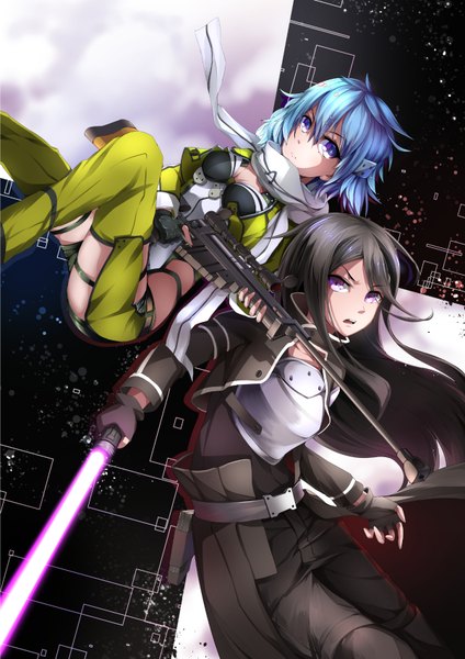 Anime picture 1204x1703 with sword art online a-1 pictures kirigaya kazuto asada shino suikaxd long hair tall image looking at viewer short hair breasts open mouth blue eyes black hair purple eyes blue hair cleavage otoko no ko back to back sniper girl