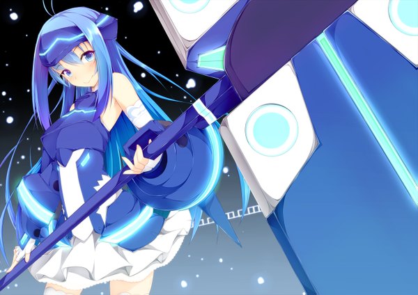 Anime picture 1447x1023 with vividred operation vividblue jougen single long hair blush blue eyes blue hair girl dress weapon hammer