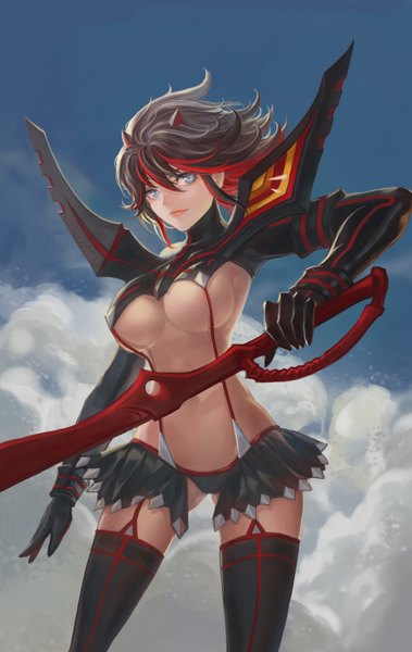 Anime picture 906x1432 with kill la kill studio trigger matoi ryuuko quaanqin single tall image looking at viewer short hair breasts blue eyes light erotic black hair large breasts multicolored hair two-tone hair midriff streaked hair underboob colored inner hair girl