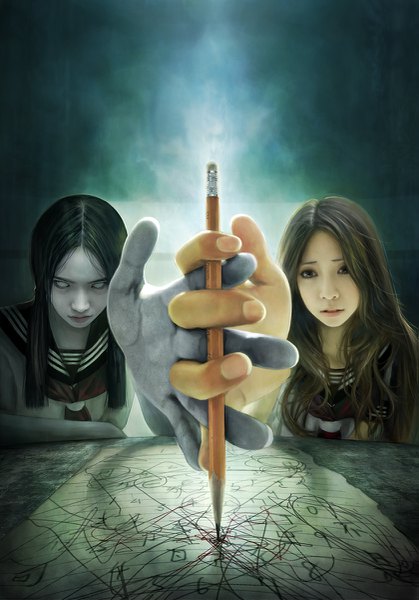 Anime picture 839x1200 with original eat0123 long hair tall image open mouth black hair brown hair twintails multiple girls holding brown eyes fingernails black eyes realistic ghost backlighting fog grey skin blank eyes girl