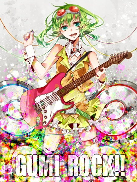 Anime picture 1500x2000 with vocaloid gumi nou single tall image short hair open mouth green eyes green hair inscription character names girl goggles guitar