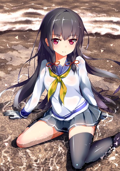 Anime picture 595x842 with kantai collection isokaze destroyer henet hene single long hair tall image blush black hair pleated skirt pink eyes light smile tress ribbon girl thighhighs skirt ribbon (ribbons) black thighhighs hair ribbon water single thighhigh