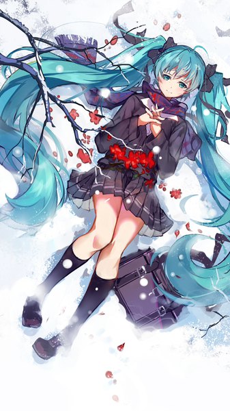 Anime picture 1080x1920 with vocaloid hatsune miku baisi shaonian single tall image looking at viewer blush fringe smile hair between eyes full body ahoge outdoors lying very long hair pleated skirt aqua eyes from above aqua hair on back