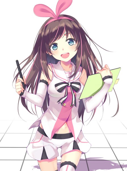 Anime picture 896x1199 with virtual youtuber a.i. channel kizuna ai aoi (buzhuen444) single long hair tall image looking at viewer blush fringe open mouth blue eyes simple background brown hair white background holding :d multicolored hair two-tone hair bare belly