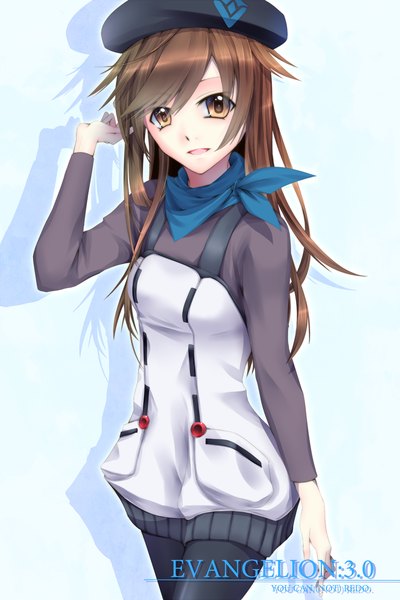 Anime picture 1000x1500 with neon genesis evangelion rebuild of evangelion evangelion: 3.0 you can (not) redo gainax kawasaki toiro single long hair tall image looking at viewer open mouth brown hair brown eyes girl beret neckerchief
