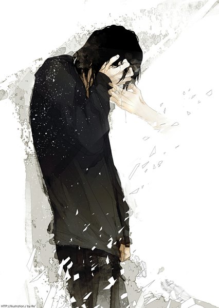 Anime picture 791x1115 with original re (artist) single tall image short hair black hair simple background white background crying ghost hand on face sad boy hand debris