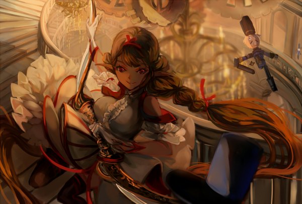 Anime picture 1548x1046 with original pixiv fantasia pixiv fantasia t wttwj long hair looking at viewer fringe breasts smile red eyes brown hair large breasts bent knee (knees) braid (braids) single braid sheathed mechanical girl thighhighs ribbon (ribbons)