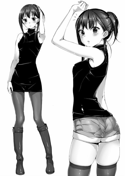 Anime picture 800x1127 with idolmaster cinderella girls shibuya rin aida takanobu long hair tall image looking at viewer blush open mouth simple background white background ponytail sleeveless turning head monochrome hand on head dual persona girl thighhighs dress pantyhose