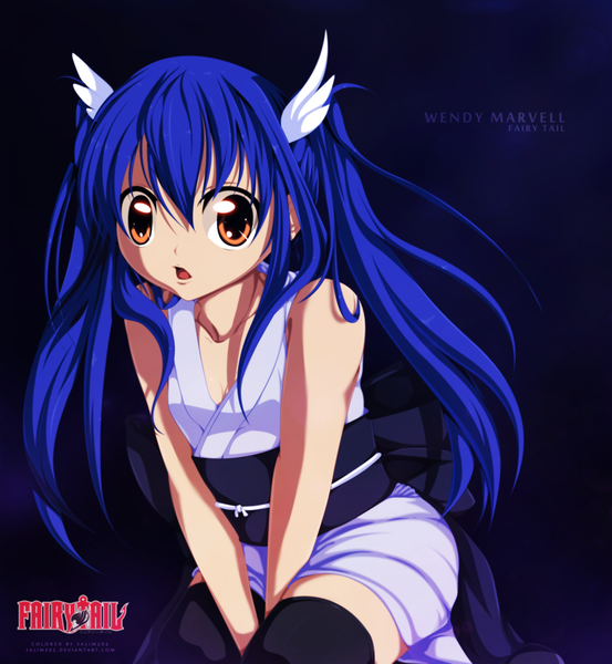 Anime picture 1000x1084 with fairy tail wendy marvell salim202 single long hair tall image open mouth twintails blue hair traditional clothes japanese clothes inscription orange eyes loli kneeling coloring girl thighhighs black thighhighs belt