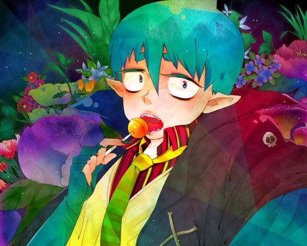 Anime picture 1500x1204 with ao no exorcist a-1 pictures amaimon ka (artist) single open mouth nail polish aqua eyes pointy ears aqua hair teeth fang (fangs) licking boy flower (flowers) necktie fingerless gloves lollipop