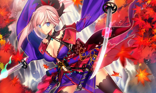 Anime picture 2067x1240 with fate (series) fate/grand order miyamoto musashi (fate) fuyuki (neigedhiver) single long hair looking at viewer blush highres breasts light erotic wide image purple eyes pink hair cleavage ponytail traditional clothes japanese clothes light smile spread arms