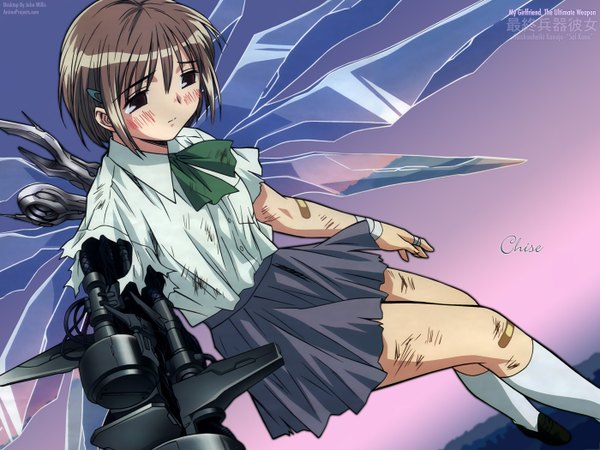 Anime picture 1400x1050 with saikano gonzo chise single blush short hair brown hair looking away black eyes copyright name character names sad mechanical wings bandaid on leg dirty bandaid on knee bandaid on arm girl uniform school uniform